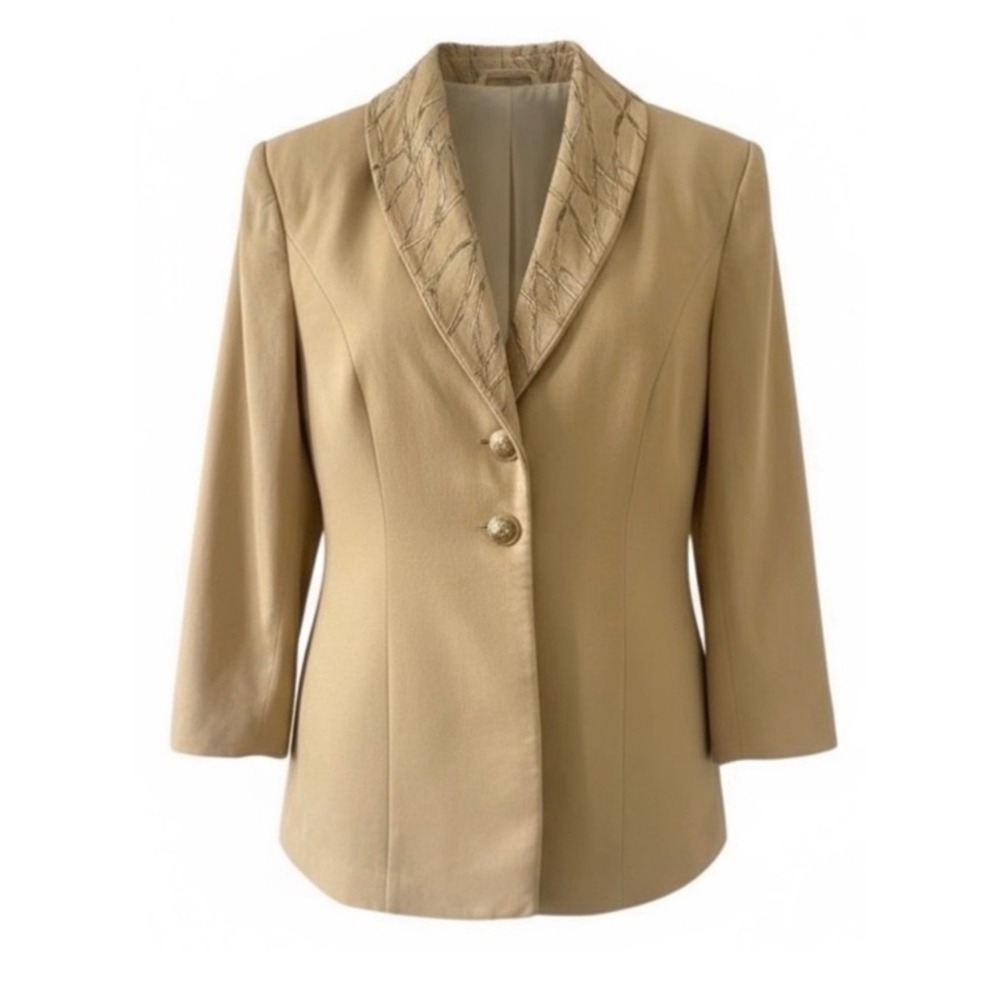 Griffith & Gray St. John Tan 100% Silk Blazer Embroidered Shawl‎ Collar Size 6